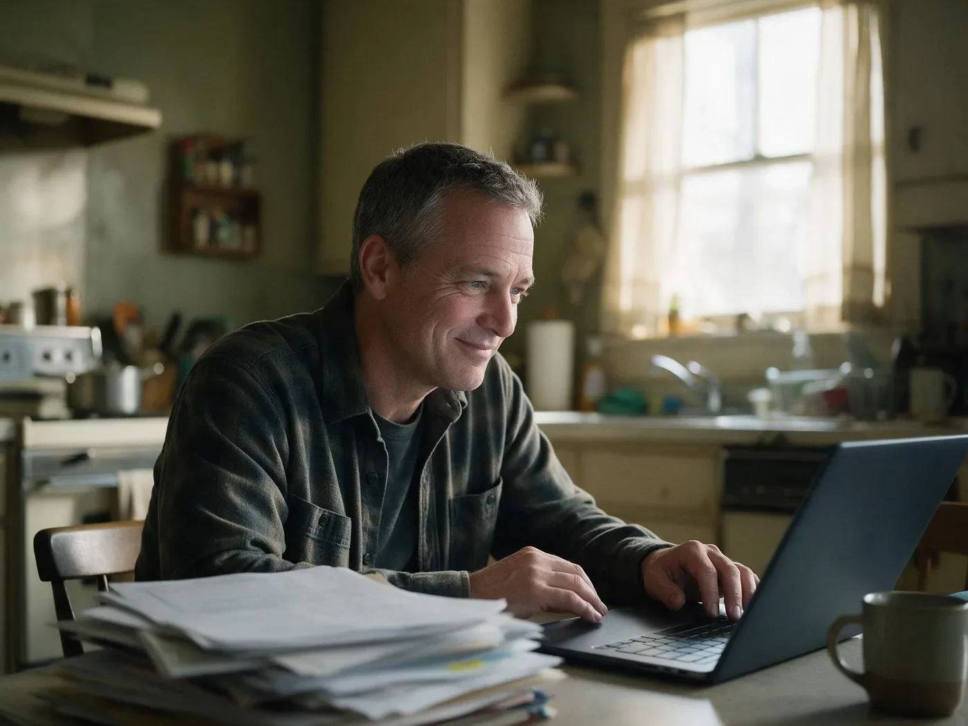 A man in his fifties at a kitchen table with a laptop, a stack of paperwork and a coffee mug, smiling at the screen in morning light