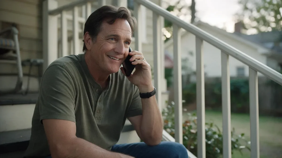 A man in his fifties on his porch steps, smiling as he talks on the phone